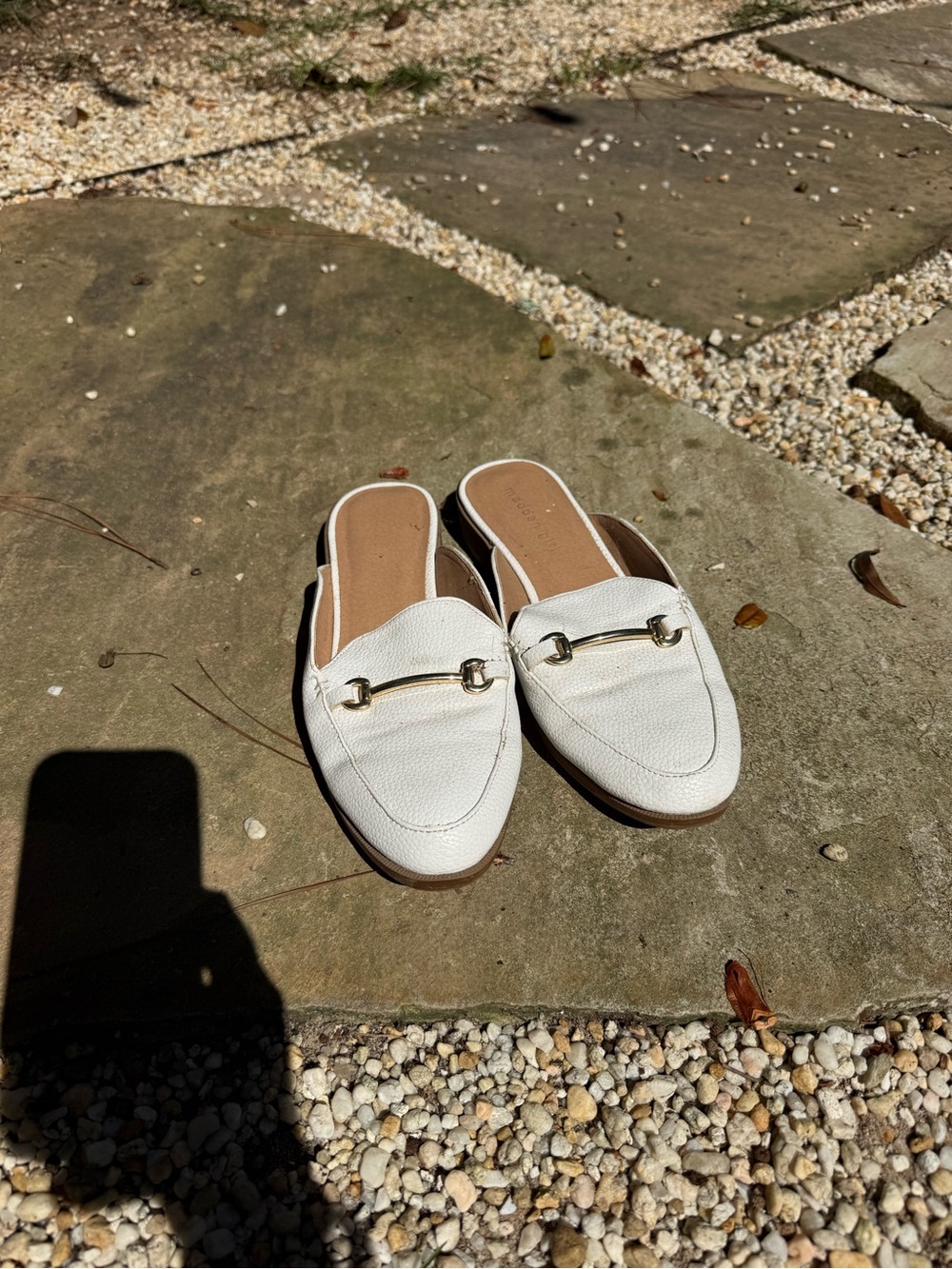 Madden Girl White Backless Loafers with Gold Bit